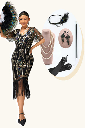 Black Golden Sequins Bodycon 1920s Dress with 5-Piece Accessories Set
